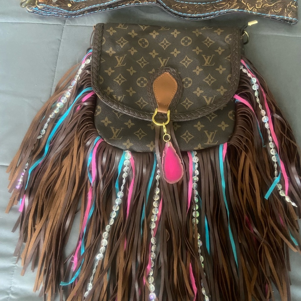 Louis Vuitton Brown Fringe Shoulder Bag with Pink and Blue Accents